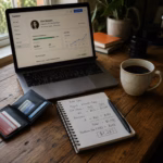 Laptop displaying a freelance skill-based platform profile dashboard on a wooden desk with handwritten notes and coffee
