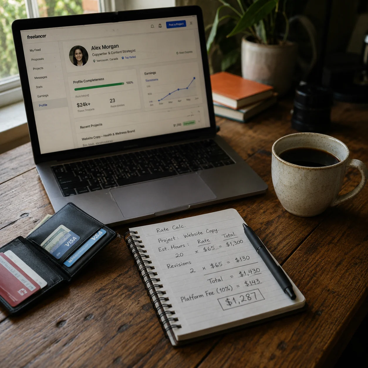 Laptop displaying a freelance skill-based platform profile dashboard on a wooden desk with handwritten notes and coffee